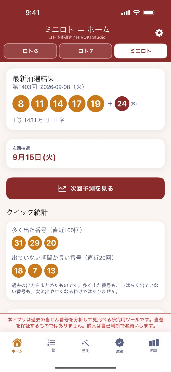 ミニロトのアプリ画面：計算は端末の中だけ。広告なし・登録なし
