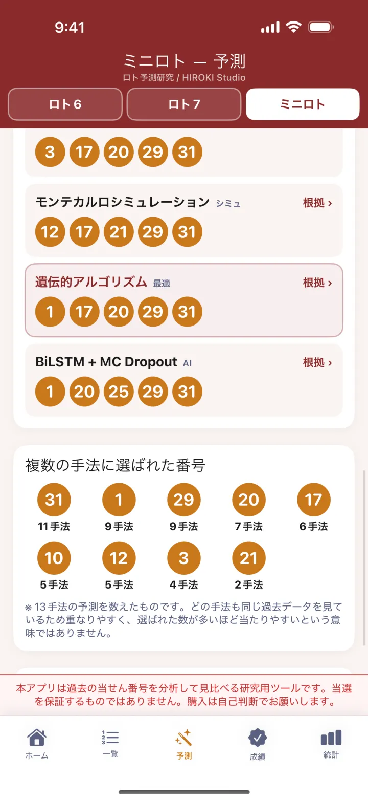 ミニロトのアプリ画面：13の方法で、別々に候補を作る