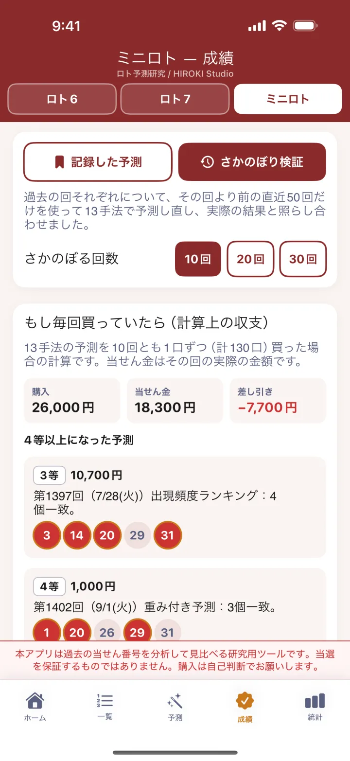 ミニロトのアプリ画面：条件は固定値ではなく、ミニロトの過去データから作る